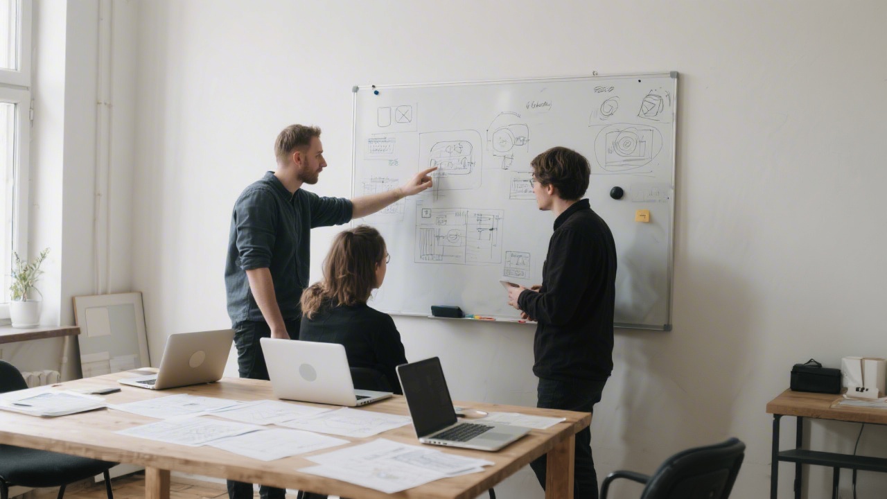 Small team in a Prague studio reviewing UX sketches on a whiteboard, collaborative atmosphere, neutral interior, laptops and printed wireframes on a table.