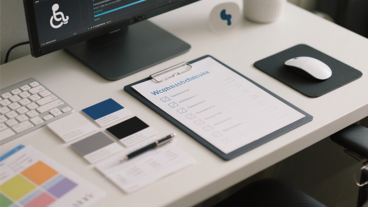 Accessibility checklist on a desk with contrast samples, keyboard, and screen reader icon, representing inclusive design and WCAG compliance review.
