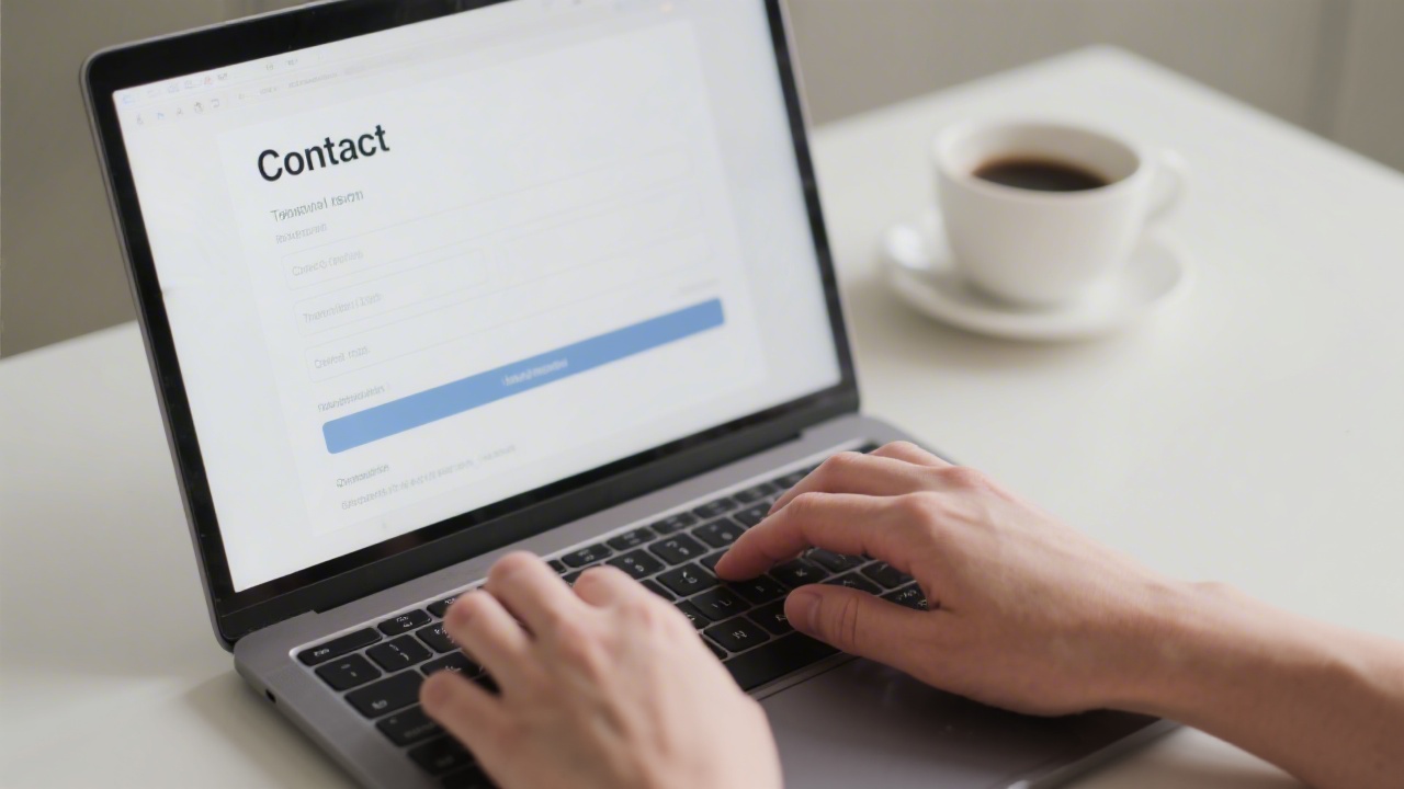 Close-up of hands typing on a laptop with a contact form on screen, neutral workspace and coffee cup, representing online inquiry submission.