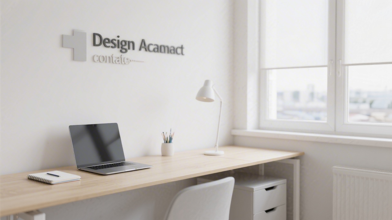 Bright modern office corner with desk, laptop, notebook, and minimal decor, suggesting professional contact environment for design academy.