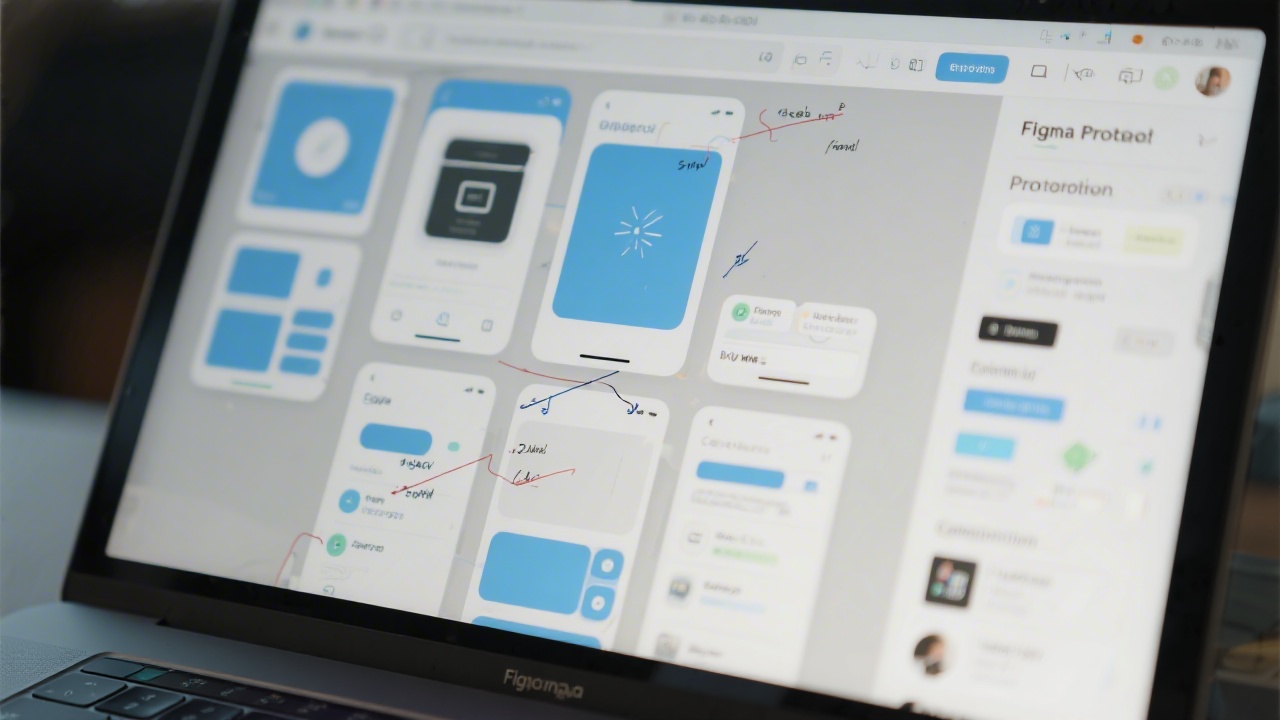 Close-up of a laptop showing a Figma prototype with multiple screens, component panel and annotations, representing structured UI design and prototyping workflow.