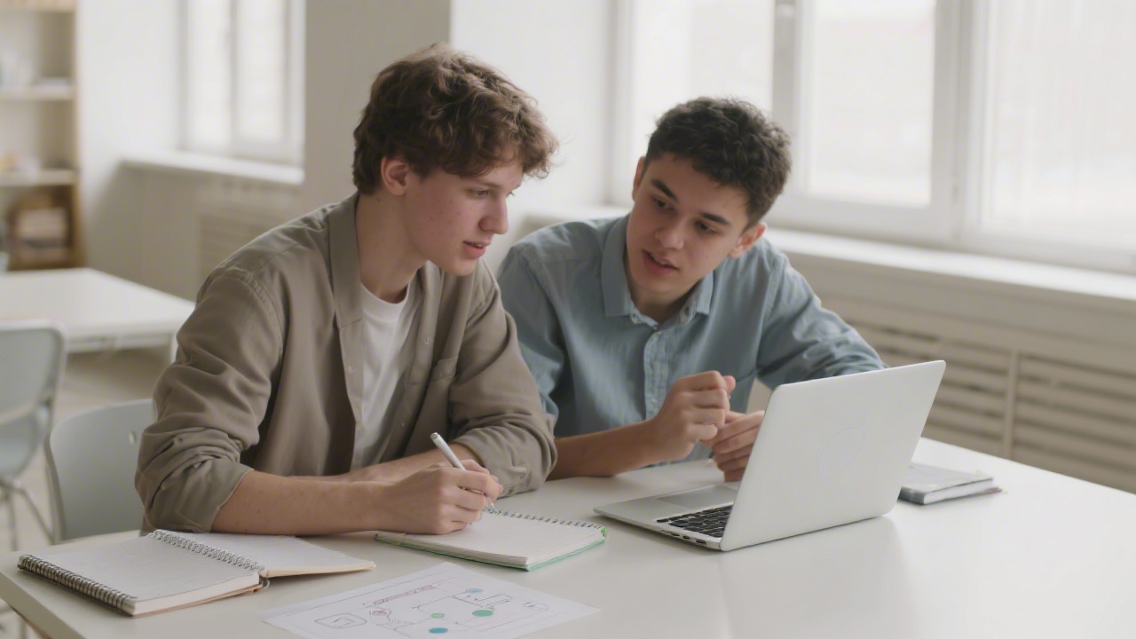 Two students working on a UX prototype with notebooks and laptop, discussing interaction flow, calm environment with soft light, focus on learning.