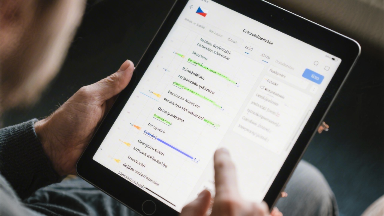 Designer reviewing multilingual interface strings on a tablet with Czech text labels and layout grids, illustrating localization and content design for European markets.