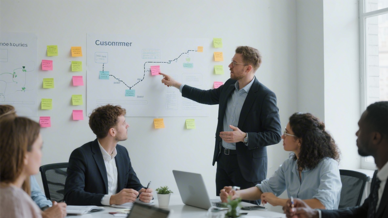Workshop scene with participants discussing a customer journey map, sticky notes on a wall, facilitator pointing to key insights, modern professional setting.
