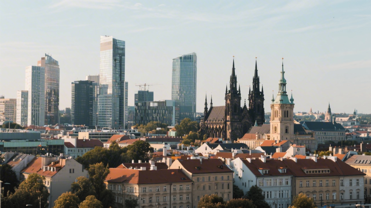 Prague city skyline with modern office buildings and historic architecture, representing local business context for UX UI design education.