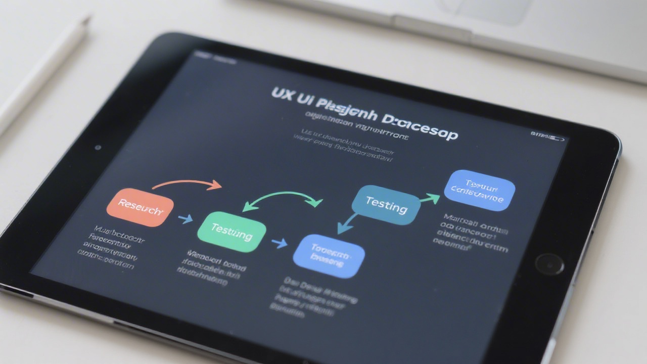 Process diagram on a digital tablet showing stages from research to testing, with arrows and structured steps for UX UI design workflow.