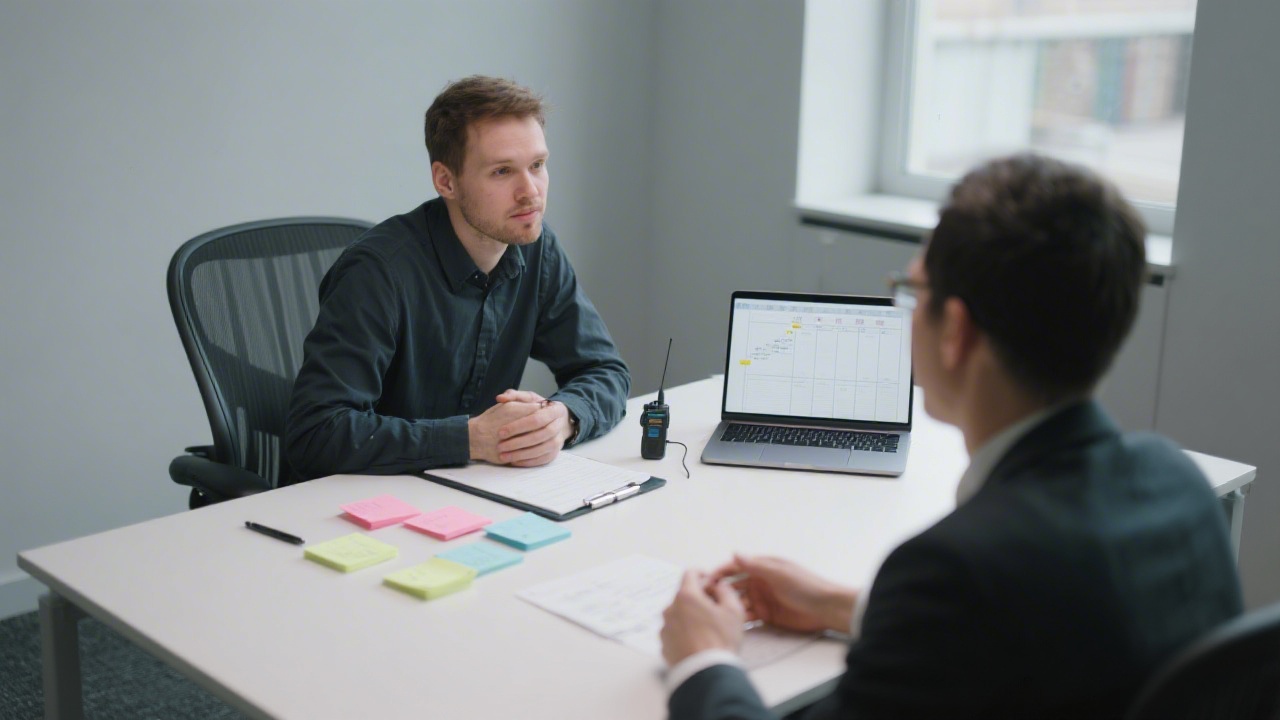 UX researcher conducting an interview at a table with notes, recorder, and laptop, showing a structured user research session in a quiet office environment.