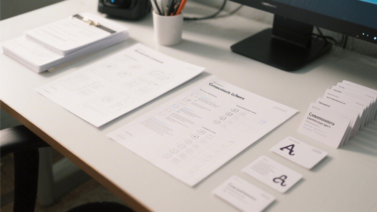 Printed UX templates, accessibility checklist, and component library cards arranged neatly on a desk, illustrating tangible learning resources for design teams.