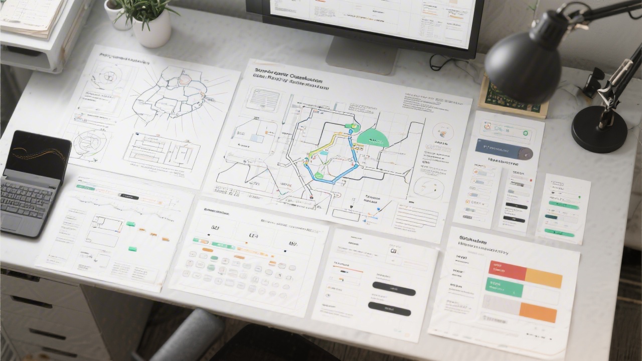 Collage of UX deliverables including wireframes, journey maps, and UI components spread on a desk, showing a structured service overview for design programs.